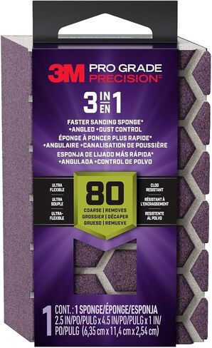 3M Pro Grade Precision 3-in-1 Sanding Sponge, 180 Grit Medium, for Woodworking, Drywall Prep, and Refinishing, 2.5 in x 4.5 in x 1 in in Saudi Arabia