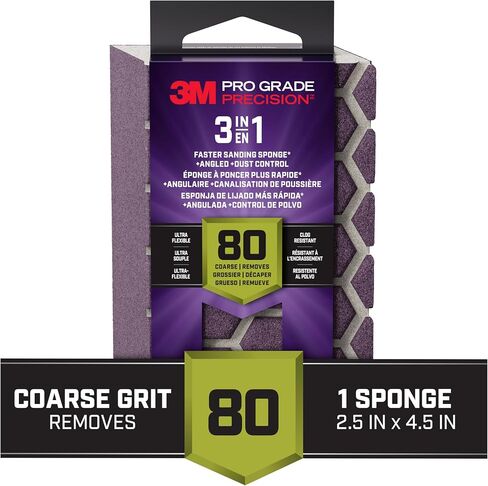 3M Pro Grade Precision 3-in-1 Sanding Sponge, 180 Grit Medium, for Woodworking, Drywall Prep, and Refinishing, 2.5 in x 4.5 in x 1 in in Saudi Arabia