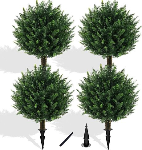 Artificial Cedar Topiary Ball Tree 23" with Ground Spike, Set of 2 UV Resistant Artificial Bushes for Outdoors Faux Shrubs, Weatherproof Fake Round Cypress Ball Bushes Plant for Front Porch in Saudi Arabia