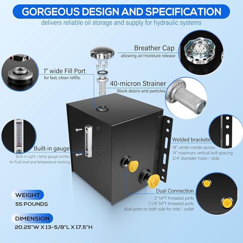 15-Gallon Hydraulic Fluid Reservoir Tank with Built-in Temp Gauge & Sight Gauge, Breather Strainer Fill Cap, Side Vertical Mount, 14 Gauge Steel, 20-1/4" x 13-5/8" x 17-1/2" Size in Saudi Arabia