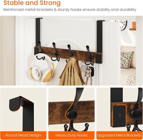 Homode Over The Door Hooks for Hanging, Heavy Duty Wood Over Door Hanger Hook, Over The Door Towel Coat Rack for Bathroom, Back of Door Hooks for Hanging Towels, Clothes, Hats, Rustic Brown Black in Saudi Arabia