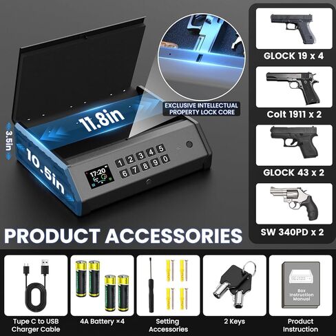 Gun Safe,3 Ways Biometric Pistol Safe with LCD Display of Temperature Humidity USB Port,Emergency Power Supply Gun Lock Box for Home Bedroom Bedside Nightstand and Car in Saudi Arabia