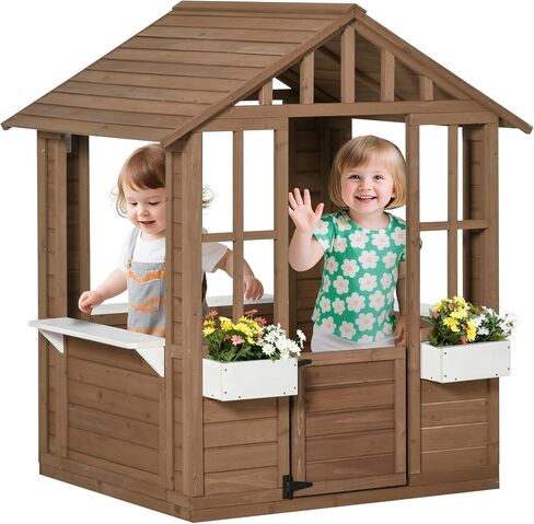 Outsunny Kids Wooden Playhouse, Outdoor Garden Games Cottage, with Working Door, Windows, Flowers Pot Holder, 47" x 38" x 54" in Kuwait