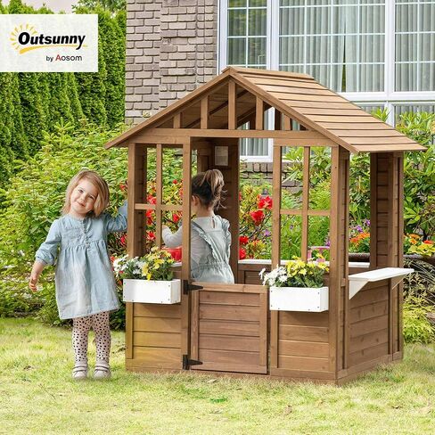 Outsunny Kids Wooden Playhouse, Outdoor Garden Games Cottage, with Working Door, Windows, Flowers Pot Holder, 47" x 38" x 54" in Kuwait
