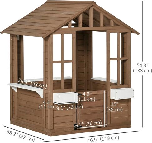 Outsunny Kids Wooden Playhouse, Outdoor Garden Games Cottage, with Working Door, Windows, Flowers Pot Holder, 47" x 38" x 54" in Kuwait