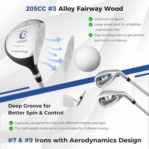 نوادي Ultimate Kids للغولف مع حقيبة وقوف ، نادي جولف كامل جولف مجموعة يمين مع 205cc #3 Fairway Wood ، #7 & #9 Irons ، Putter ، غطاء رأس فريد ومطر in Kuwait