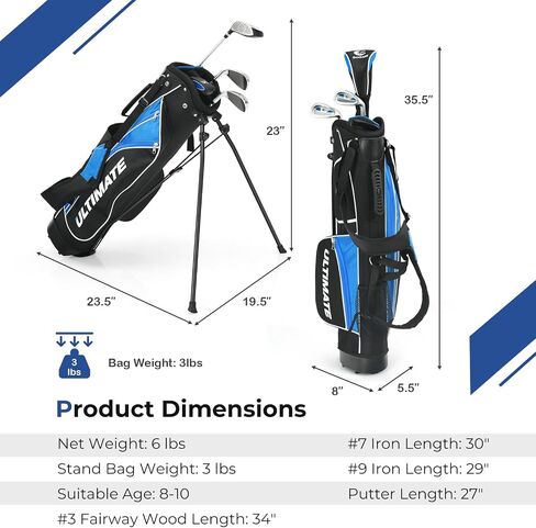 نوادي Ultimate Kids للغولف مع حقيبة وقوف ، نادي جولف كامل جولف مجموعة يمين مع 205cc #3 Fairway Wood ، #7 & #9 Irons ، Putter ، غطاء رأس فريد ومطر in Kuwait