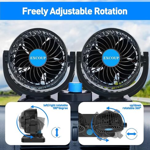 12V Car Fan, 5'' Portable Auto Cooling Fan, Adjustable Dual Head 360° Rotatable, 12 Speed Cigarette Lighter Plug & LED Display for Sedan SUV RV Boat in Kuwait