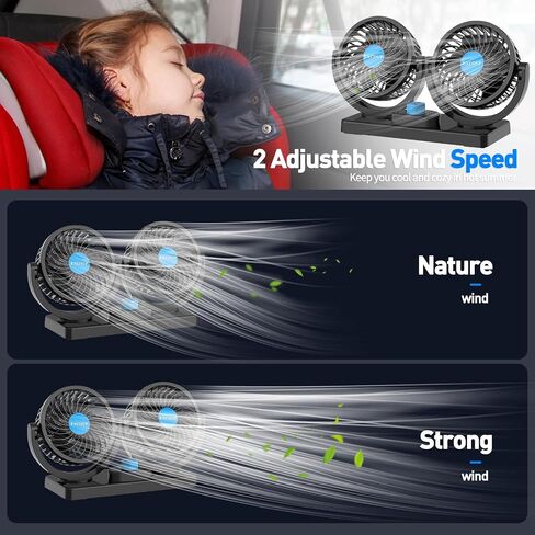 12V Car Fan, 5'' Portable Auto Cooling Fan, Adjustable Dual Head 360° Rotatable, 12 Speed Cigarette Lighter Plug & LED Display for Sedan SUV RV Boat in Kuwait