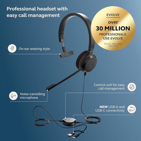 Jabra Evolve 20 Wired Headset (2025 Edition) - سماعة رأس سلكية واحدة للمكتب والعمل من المنزل - التحكم في المكالمات - معتمدة لفرق MS - USB -C/A Connectivity - Black in Saudi Arabia