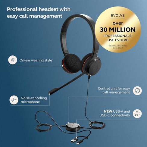 Jabra Evolve 20 Wired Headset (2025 Edition) - Single-Ear Wired Headset for Office and Work from Home - Call Control - Certified for MS Teams - USB-C/A Connectivity - Black in Saudi Arabia