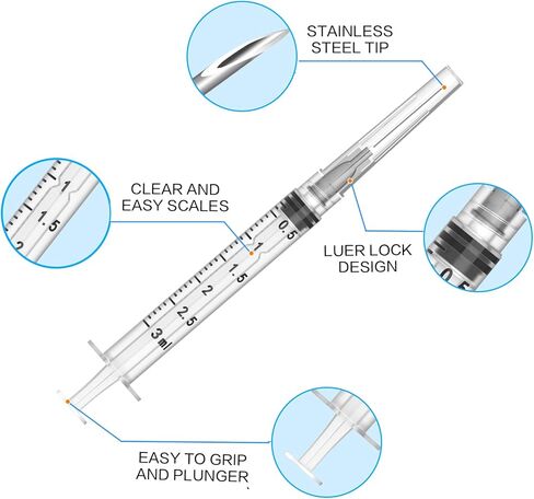 100 Pack 3ML محاقن مع الإبرة ، 22 GA 1.0 بوصة محقنة قفل luer ، مغلقة بشكل فردي ، للمختبرات العلمية ، قياس السائل ، تغذية الحيوانات الصغيرة ، الاستغناء ، قضيب ، سقي. in Kuwait