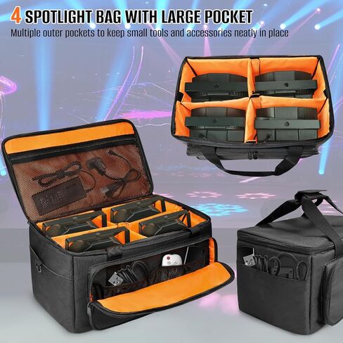 ORKELS 3/8'' Padded Stage Lighting Bag – Fits 4 Par Lights, Spotlights – Storage Bag with Fluorescent Lining, Dividers, Adjustable Straps & Accessory Pockets (4 Par Lights Case) in Saudi Arabia