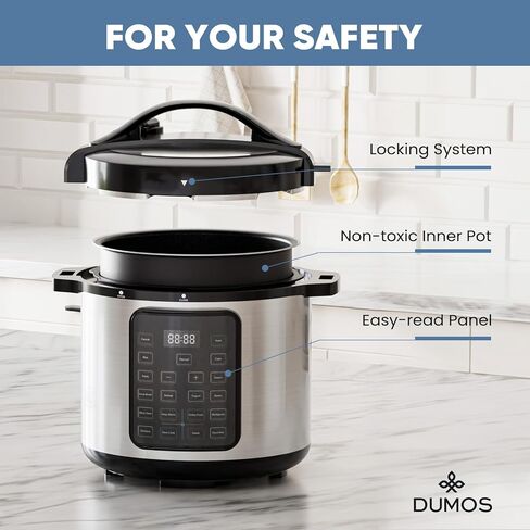 Dumos 12 in-1 ضغط الضغط الكهربائي 6 كيو تي من الفولاذ المقاوم للصدأ المقاوم للصدأ الكهربائي للضغط ، الأرز ، البخار ، صانع الزبادي ، الطهي البطيء ، حساء اللحوم ، الكعكة ، العصيدة ، متعددة. in Kuwait