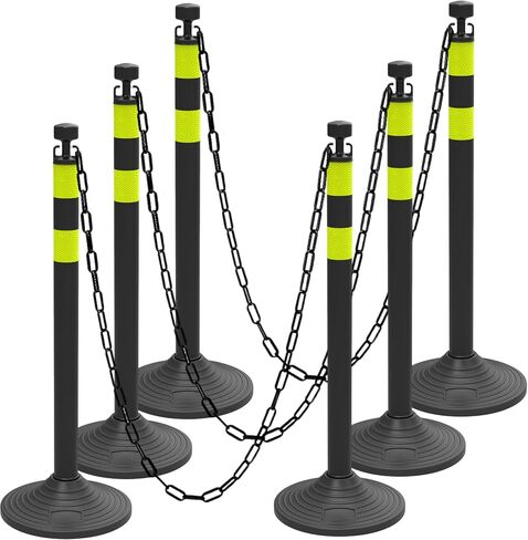 6 Pack Crowd Control Stanchions, Plastic Stanchions Poles with Plastic Chain Crowd Control Barriers with Fillable Base Traffic Delineator Posts for Parking Lot (Black-Heavy Rubber Base) in Saudi Arabia