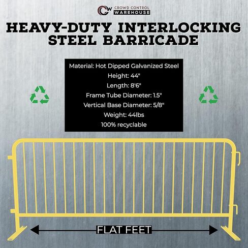 Angry Bull Barricades Heavy Duty Crowd Control Metal Interlocking Barricade with Flat No-Trip Feet - 8.5 Ft. (Safety Yellow) (20 Pack) in Saudi Arabia