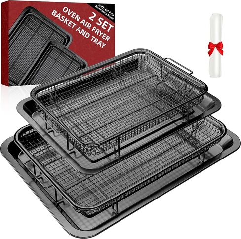 Air Fryer Basket for Oven,Oven Air Fryer Basket and Tray with Cooking Guide | 2 Set, 60 PCS Parchment Papers,DEGOVIN Crisper Tray Non-stick Stainless Steel Air Fry Pans for Convection Oven(Large+Medium) in Saudi Arabia