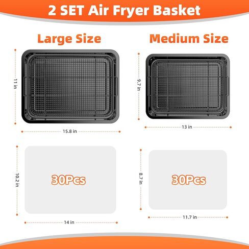Air Fryer Basket for Oven,Oven Air Fryer Basket and Tray with Cooking Guide | 2 Set, 60 PCS Parchment Papers,DEGOVIN Crisper Tray Non-stick Stainless Steel Air Fry Pans for Convection Oven(Large+Medium) in Saudi Arabia