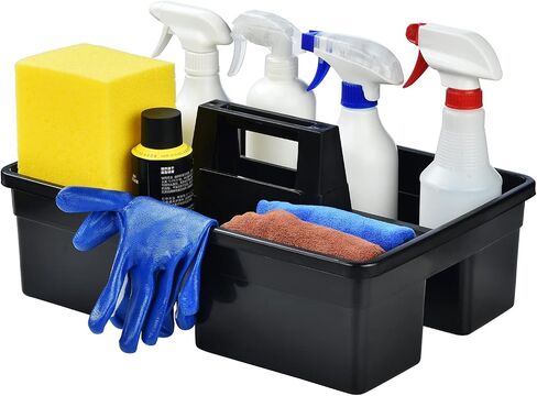 3-Compartment Plastic Cleaning Caddy Basket – Stackable Large Commercial Quality Plastic Tool Organizer Bucket with Handle, Black in Kuwait