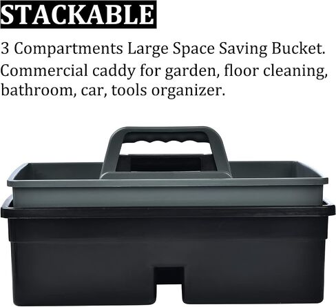 3-Compartment Plastic Cleaning Caddy Basket – Stackable Large Commercial Quality Plastic Tool Organizer Bucket with Handle, Black in Kuwait