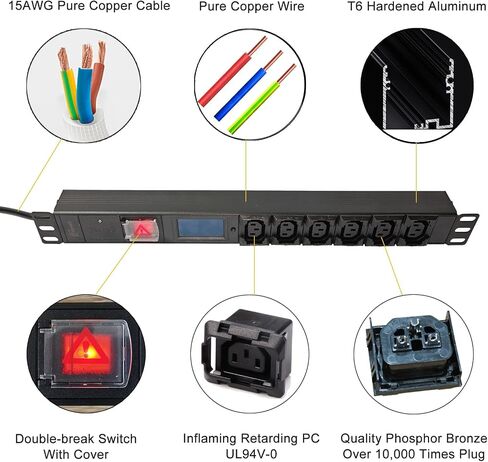 وحدات توزيع طاقة Mount Mount Bower 19 بوصة مقاس 6 بوصة 6 NEMA 5-15R Outlets PDU ، 125-250V 15A 1U Rackmount Surge Protector Power مع شاشة OLED AMP شاشة طاقة الجهد in Saudi Arabia