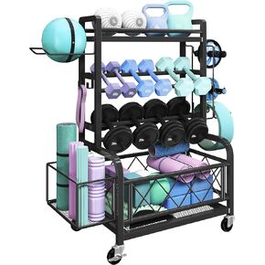 Yaheetech Weight Plate Rack Home Gym Yoga Mat Holder, Metal Dumbbell Rack Stand Fitness Equipment Storage with Hooks & Wheels for Kettlebells/Yoga Ball, Black in Kuwait