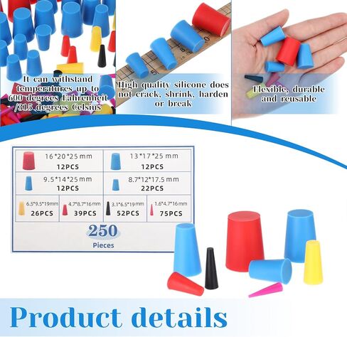 250 PCS Silicone Rubber Plupber Plugort Plugortment Kit Stoppers Rubber Rubber عالية درجة الحرارة 8/32 "إلى 1" للطلاء ، ثقب ، سدادة حماية السيليكون in Saudi Arabia