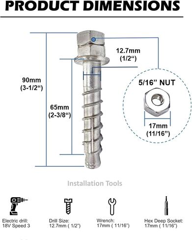 yuchi 1/2 "× 3-1/2" مرساة شديدة التحمل ، مسمار التوسع المنشط عزم الدوران ، مرساة إسفين ، 304 سحمة سداسية الفولاذ المقاوم للصدأ ، المسمار القوي للخرسانة ، الاستخدام الصناعي والتجاري (25 حزمة) in Saudi Arabia