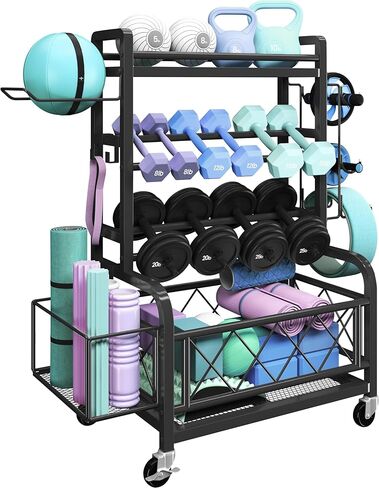 Yaheetech Weight Plate Rack Home Gym Yoga Mat Holder, Metal Dumbbell Rack Stand Fitness Equipment Storage with Hooks & Wheels for Kettlebells/Yoga Ball, Black in Saudi Arabia