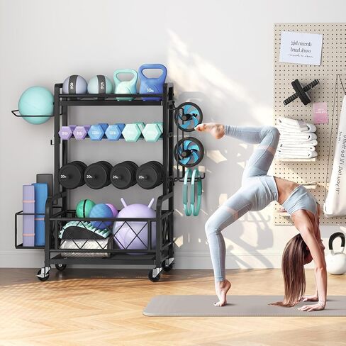 Yaheetech Weight Plate Rack Home Gym Yoga Mat Holder, Metal Dumbbell Rack Stand Fitness Equipment Storage with Hooks & Wheels for Kettlebells/Yoga Ball, Black in Saudi Arabia