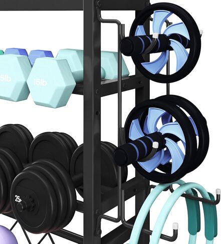 Yaheetech Weight Plate Rack Home Gym Yoga Mat Holder, Metal Dumbbell Rack Stand Fitness Equipment Storage with Hooks & Wheels for Kettlebells/Yoga Ball, Black in Saudi Arabia