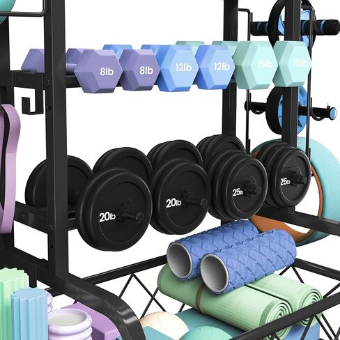 Yaheetech Weight Plate Rack Home Gym Yoga Mat Holder, Metal Dumbbell Rack Stand Fitness Equipment Storage with Hooks & Wheels for Kettlebells/Yoga Ball, Black in Saudi Arabia