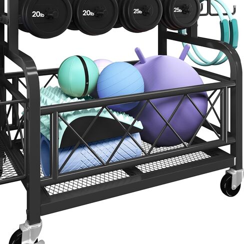 Yaheetech Weight Plate Rack Home Gym Yoga Mat Holder, Metal Dumbbell Rack Stand Fitness Equipment Storage with Hooks & Wheels for Kettlebells/Yoga Ball, Black in Saudi Arabia
