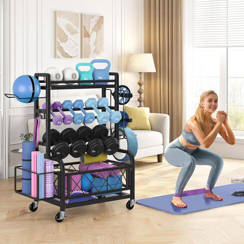 Yaheetech Weight Plate Rack Home Gym Yoga Mat Holder, Metal Dumbbell Rack Stand Fitness Equipment Storage with Hooks & Wheels for Kettlebells/Yoga Ball, Black in Saudi Arabia