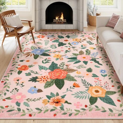 Lahome Floral 8x10 منطقة سجاد لغرفة المعيشة ، سجاد سوداء قابلة للغسل لغرفة نوم غرفة الطعام ، غير Sheddig رقيقة من المطاط المدعومة غير المدعومة من قاعة الأطفال في الحضانة. in Kuwait
