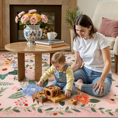 Lahome Floral 8x10 منطقة سجاد لغرفة المعيشة ، سجاد سوداء قابلة للغسل لغرفة نوم غرفة الطعام ، غير Sheddig رقيقة من المطاط المدعومة غير المدعومة من قاعة الأطفال في الحضانة. in Kuwait