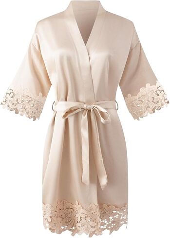 Womens Short Satin Robe Lace Trim Silk Kimono Sleepwear Bridesmaid Robes for Bride Wedding Party Nightgown in Saudi Arabia