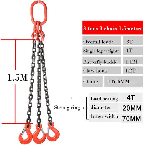 JTB Chain Sling Three Leg with Grab Hooks Sling Chain 3T Capacity Chain Slings for Lifting Used for Lifting Machinery, Buildings, etc. (Color : 3 ton, Size : Chain Length 1.5m) in Saudi Arabia