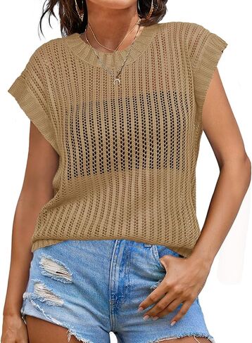Fisoew Womens Crochet Tops Cap Sleeve Crew Neck Summer Summer Suptiros in Saudi Arabia