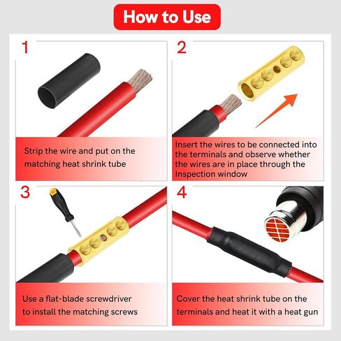 BAALA 4 Gauge Wire Butt Connectors Kit Pure Brass, 6PCS Screw Type Quick Wire Connector Butt Terminal,Butt Splice Connectors with 6pcs 3:1 Heat Shrink Tubes in Saudi Arabia