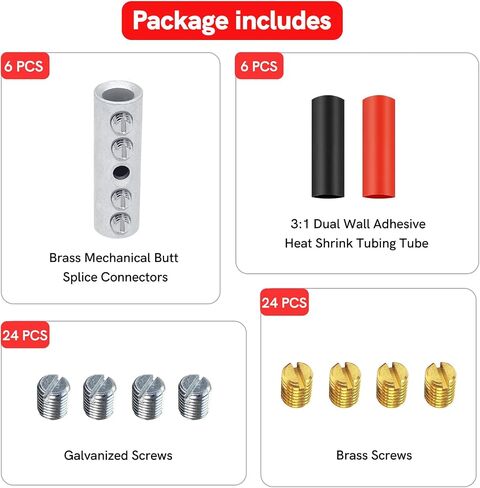Baala 4 Gauge Wire Butt Connecors Kit Brass Pure ، 6pcs type type Quick Wire Connector Terminal ، موصلات لصق بعقب مع 6pcs 3: 1 أنابيب تقلص الحرارة in Saudi Arabia
