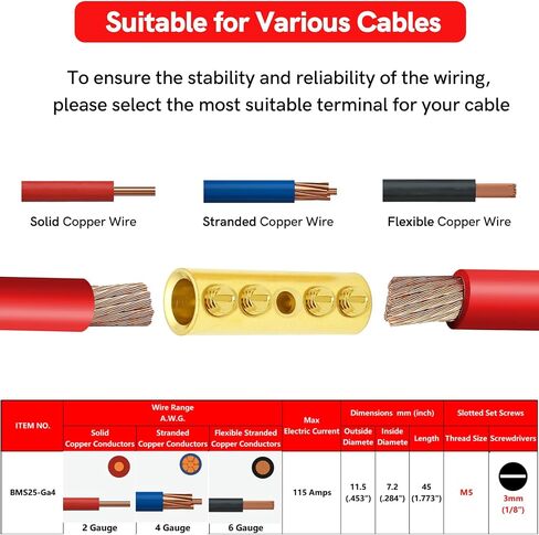 BAALA 4 Gauge Wire Butt Connectors Kit Pure Brass, 6PCS Screw Type Quick Wire Connector Butt Terminal,Butt Splice Connectors with 6pcs 3:1 Heat Shrink Tubes in Saudi Arabia