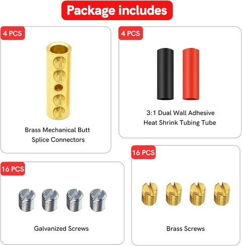 BAALA 4 Gauge Wire Butt Connectors Kit Pure Brass, 6PCS Screw Type Quick Wire Connector Butt Terminal,Butt Splice Connectors with 6pcs 3:1 Heat Shrink Tubes in Saudi Arabia