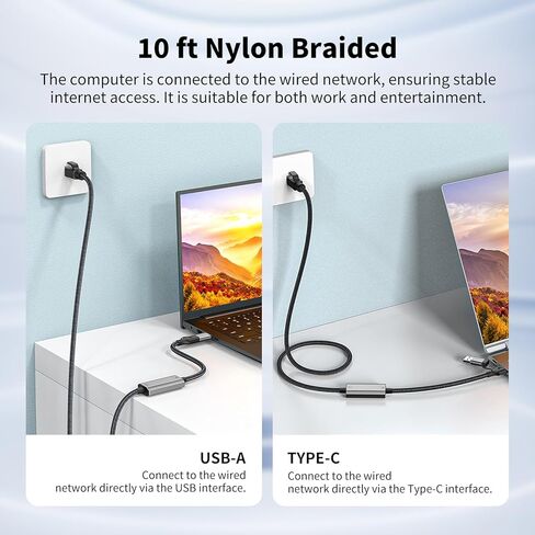 2in1 USB-C/USB 3.0 to Ethernet Adapter 4FT, Type C to RJ45 Gigabit LAN Network Cord, 1000Mbps Directly Connected, Ethernet Cable Type C Compatible for MacBook Pro,iPad Pro,Smartphone and More in Kuwait