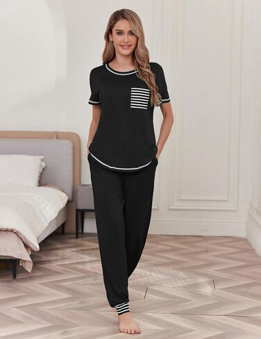 Ekouaer Pajama Sets for Women Short Sleeve Pjs Sets 2 Piece Loungewear Sleepwear with Long Joggers Pants in Kuwait