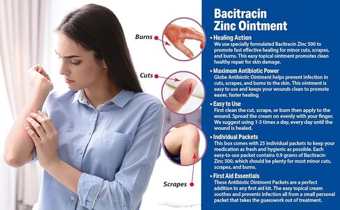 Globe (25 Pack) Bacitracin Zinc Ointment 0.9g حزم واحدة. مرهم الإسعافات الأولية لمنع وشفاء الالتهابات للتخفيضات البسيطة والخدوش والحروق. in Saudi Arabia