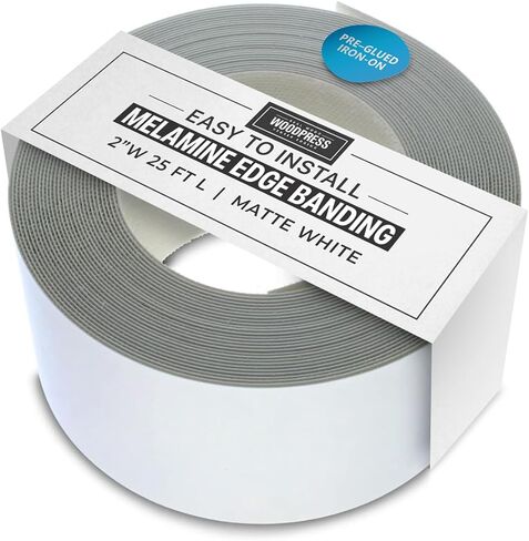 Woodpress® 2 بوصة Matt White Melamine Edge Banding ، شريط القشرة مسبقًا-لفة 25 قدمًا-الحديد على تطبيق DIY-سيغطي حافة لوحة MDF القياسية 8 '× 4' in Kuwait
