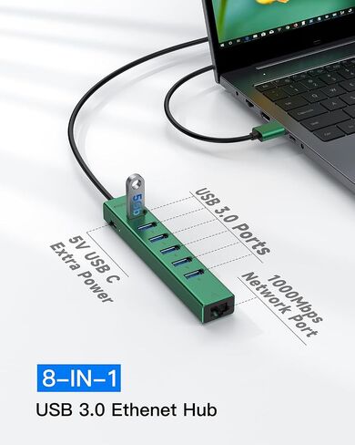 FORIDA Aluminum USB to Ethernet Adapter with 7-Port USB Hub – 3.9ft Long Cable, Gigabit Ethernet Port, 5V/3A Power Port | USB Extender Compatible with Windows, macOS, Linux & More in Kuwait