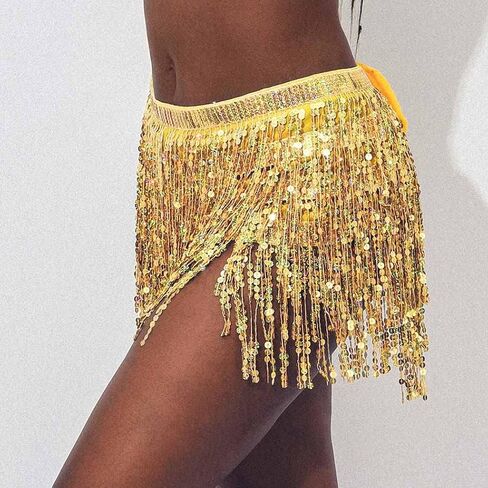 EARENT Boho Sequin Skirts Belly Dance Hip Skirt Tassel Fringe Hip Scarf Rave Party Performance Costum for Women (A-Silver) in Kuwait