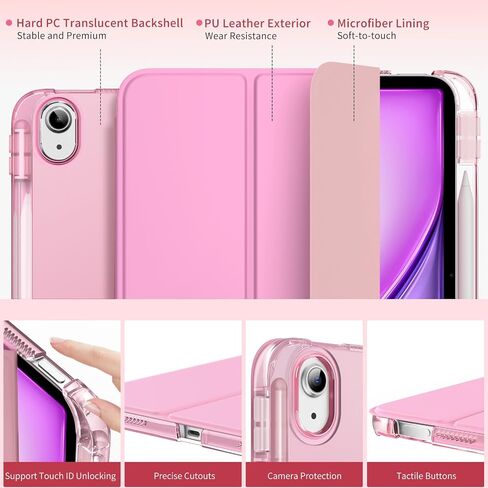 Moko for iPad Air 11 Inch Case M3/M2 2025/2024 ، iPad Air 5th/4th Gen 10.9 inch case 2022/2020 مع حامل قلم رصاص ، غطاء ثلاثي الأوزان خفيف الوزن مع قذيفة خلفية صلبة ، وردي ، وردي in Saudi Arabia